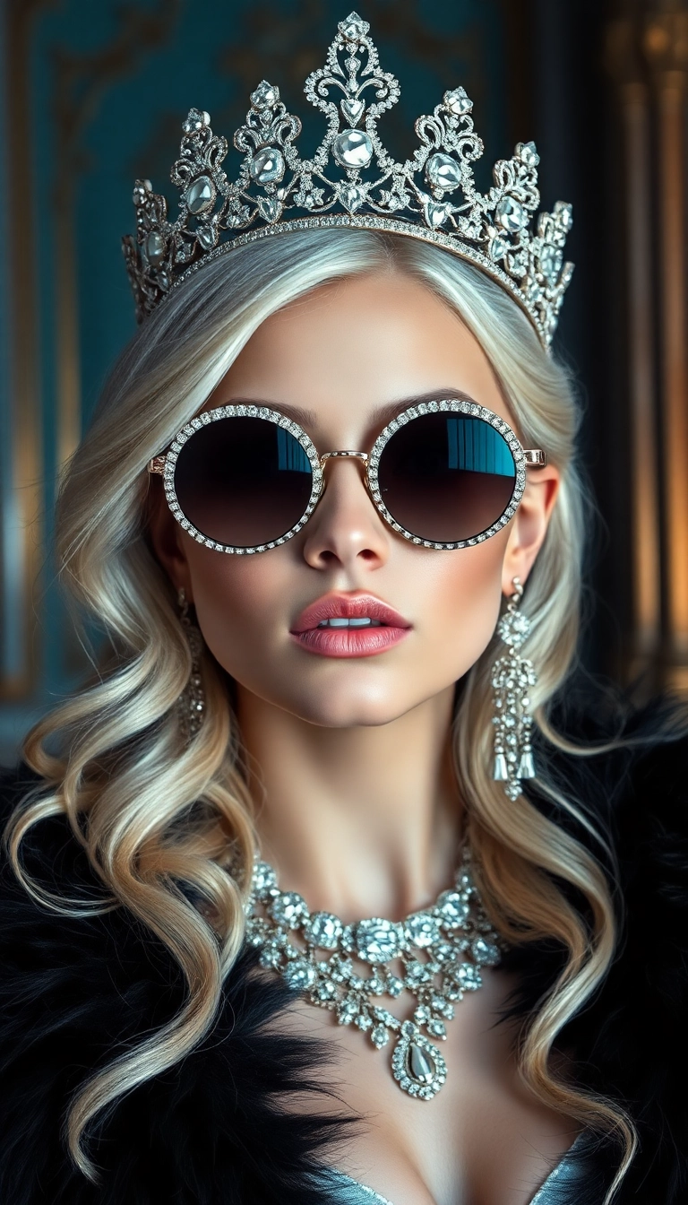 HD iPhone Young Platinum Blonde Queen in Black Fur Gorgeous Wallpaper